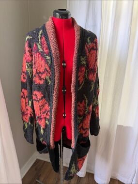 Free People Black Cardigan with Coral Rose Motif